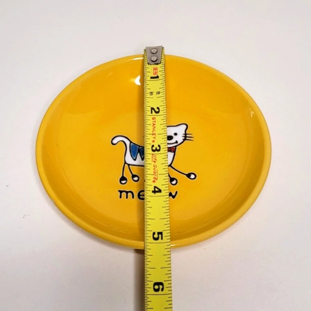 Yellow Small Cat Dish or Trinket Dish MEOW Kitty Cat Graphic